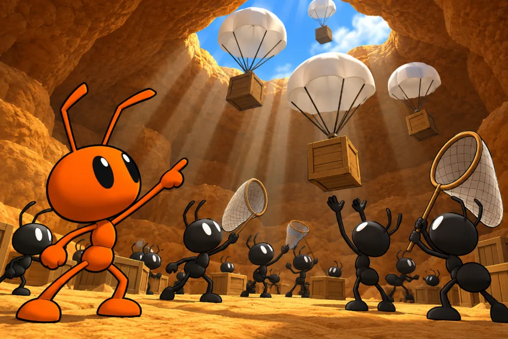 Ants catching parachute crates with butterfly nets as they drop into the tunnel