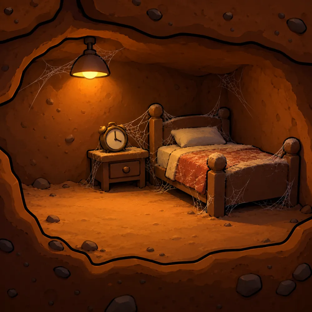 A tiny ant bed covered in dust and cobwebs, never slept in